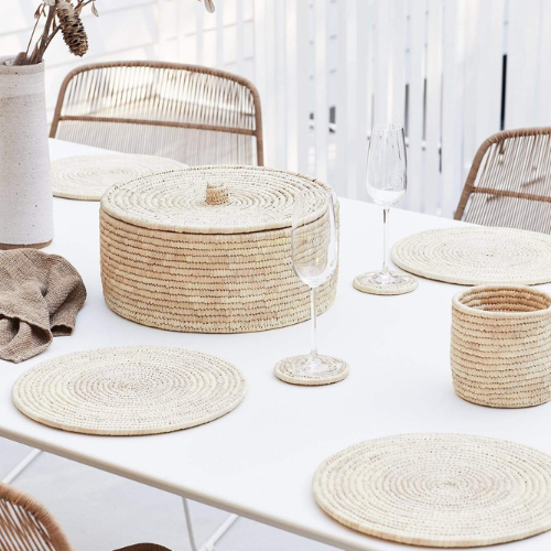 Round Coaster Palm Leaf Natural Off White Small - 4" inches